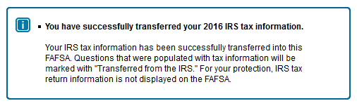 IRS DRT success message. You have successfully transferred your tax information.